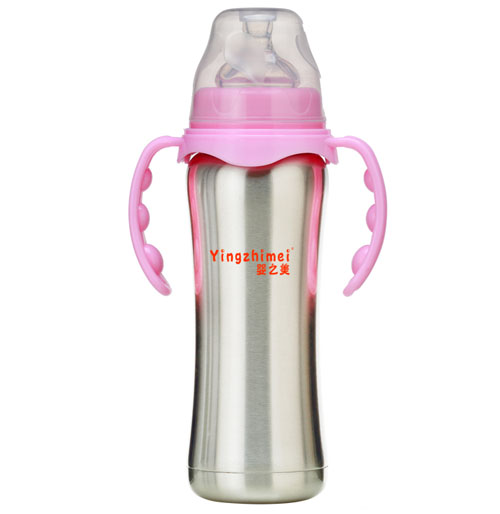 嬰之美寬口雙耳自動不銹鋼保溫奶瓶220ML粉色