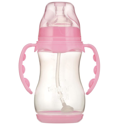 嬰之美寬口雙耳自動圓弧PP奶瓶帶底300ML粉色