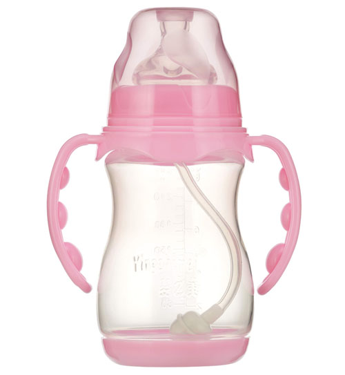 嬰之美寬口雙耳自動圓弧PP奶瓶帶底240ML粉色