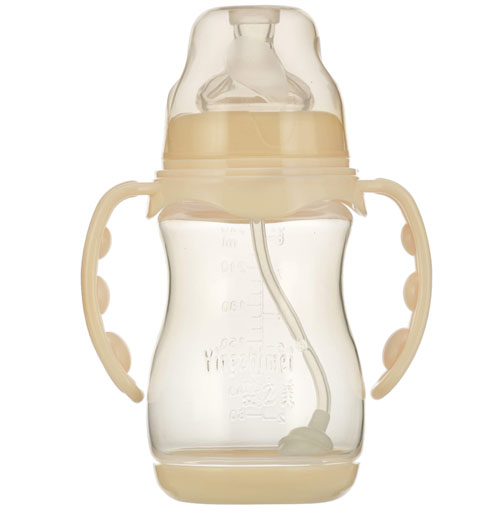 嬰之美寬口雙耳自動圓弧PP奶瓶帶底240ML乳白色
