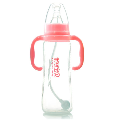 優(yōu)冠寶貝標(biāo)口帶柄自動(dòng)PP奶瓶300ml紅色