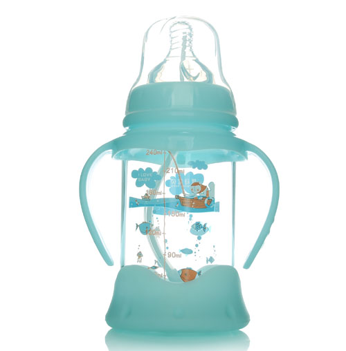 優(yōu)冠寶貝防摔寬口帶柄自動玻璃奶瓶240ml藍(lán)色