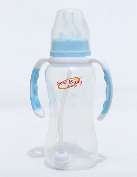 新兒寶藍(lán)白色標(biāo)口240ml雙色雙耳自動菱腰形PP奶瓶