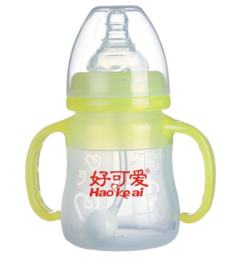 好可愛雙柄自動(dòng)吸管寬口弧形硅膠奶瓶150ml