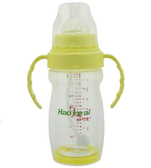 好可愛(ài)寬口自動(dòng)吸管手柄雙層晶鉆玻璃奶瓶240ML