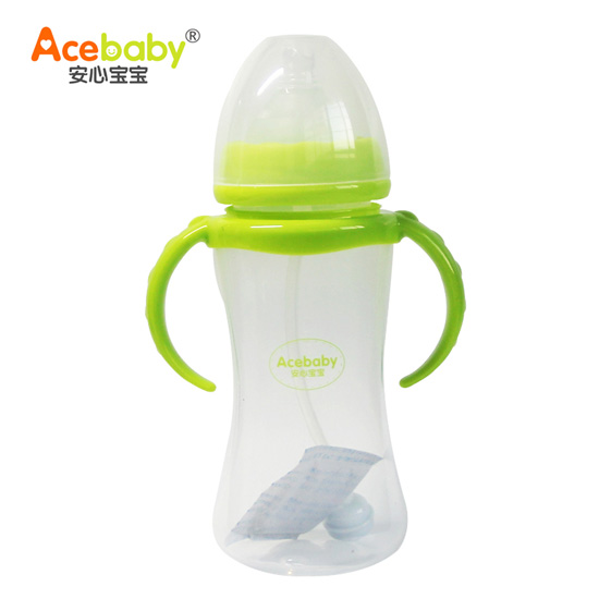安心寶寶300ml寬口自動(dòng)雙耳PP奶瓶綠色手柄