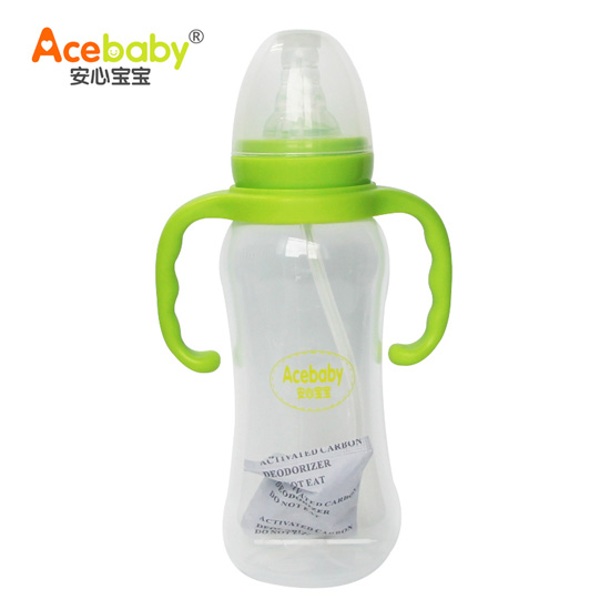安心寶寶250ml標(biāo)口圓弧形雙耳自動PP奶瓶綠色