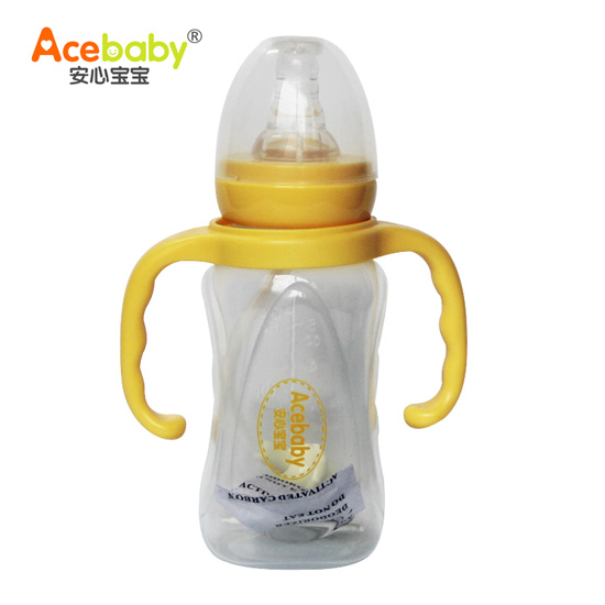 安心寶寶150ml標(biāo)口方圓適指形雙耳自動PP奶瓶黃色手柄