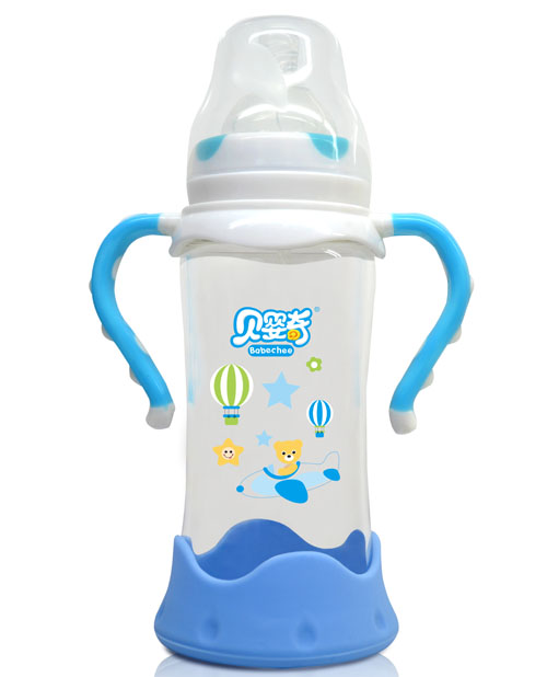 貝嬰奇260ml防爆感溫寬口玻璃奶瓶藍(lán)色