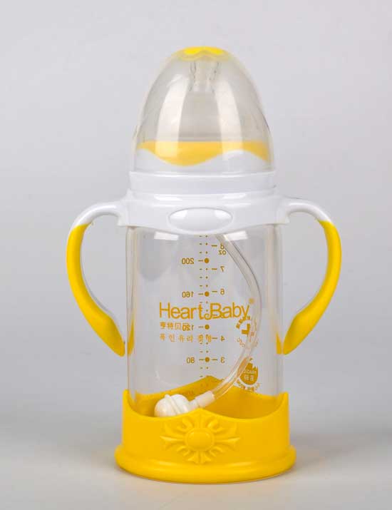 亨特貝貝玻璃防摔奶瓶240ml黃色帶蓋帶手柄