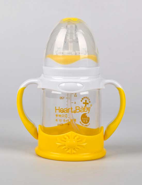 亨特貝貝玻璃防摔奶瓶140ml黃色帶手柄