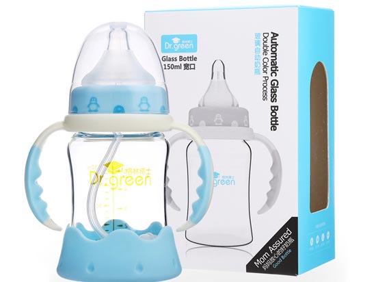 格林博士寬口玻璃自動奶瓶150ML藍(lán)色