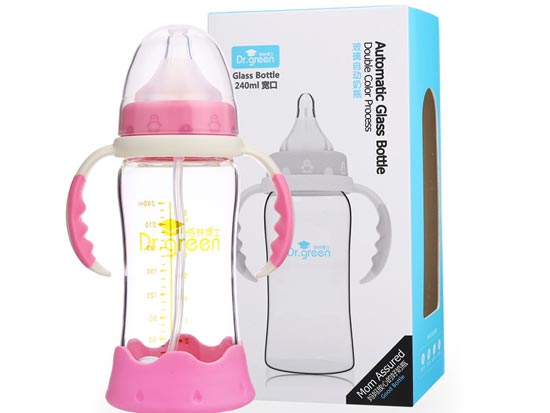 格林博士寬口玻璃自動奶瓶240ML紅色