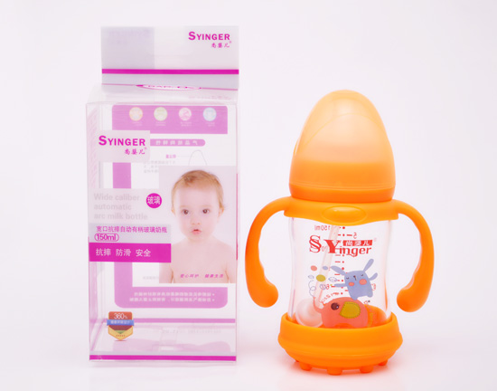 尚嬰兒寬口抗摔自動(dòng)有柄玻璃奶瓶150ML橙色