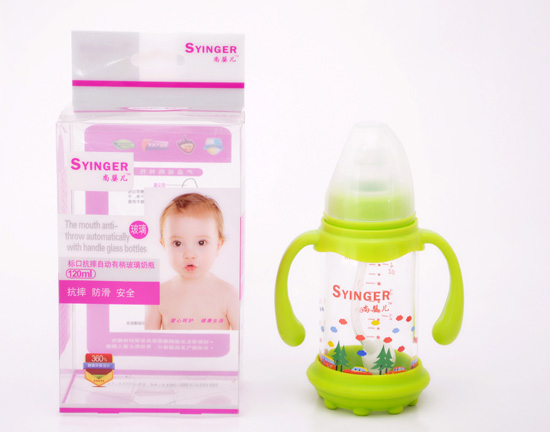 尚嬰兒標(biāo)口抗摔自動有柄玻璃奶瓶120ML綠色