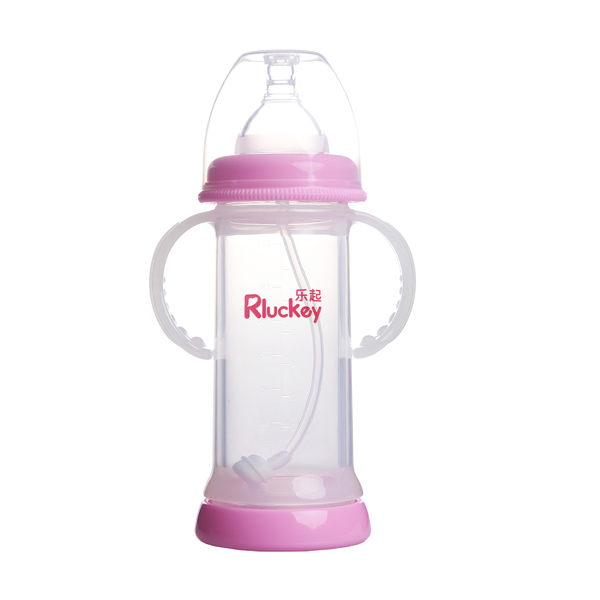 樂起寬口雙層防爆有耳自動晶鉆玻璃底部透氣奶瓶220ml粉色