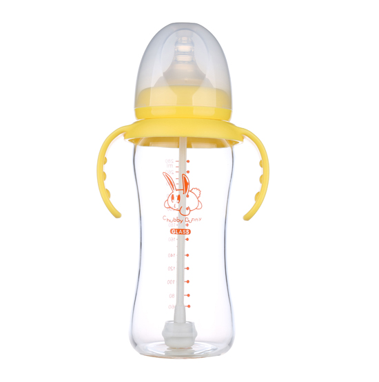 丘比兔玻璃寬口徑葫蘆型自動(dòng)把手奶瓶280ML黃色