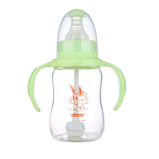 丘比兔標(biāo)準(zhǔn)口徑玻璃葫蘆型自動(dòng)把手奶瓶120ML綠色