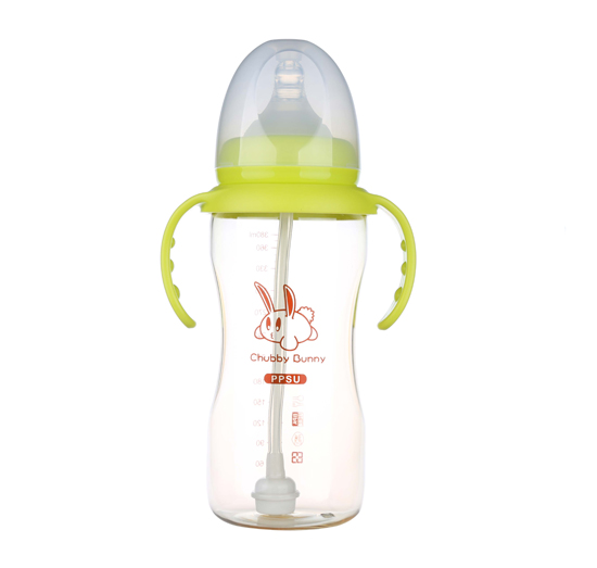 丘比兔PPSU寬口徑葫蘆型自動把手奶瓶380ML青色