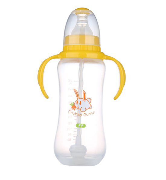 丘比兔PP標準口徑葫蘆型自動把手奶瓶240ML黃色