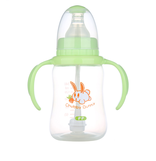 丘比兔PP標(biāo)準(zhǔn)口徑葫蘆型自動把手奶瓶140ML綠色