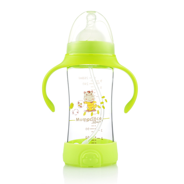 媽咪王子防摔晶鉆玻璃自動(dòng)吸寬口260ml奶瓶 綠色