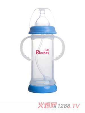 樂(lè)起寬口雙層防爆有耳自動(dòng)晶鉆玻璃底部透氣奶瓶220ml藍(lán)色