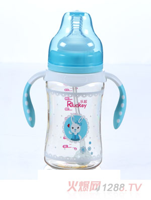 樂起PPSU帶柄透明防摔寬口徑奶瓶藍(lán)色